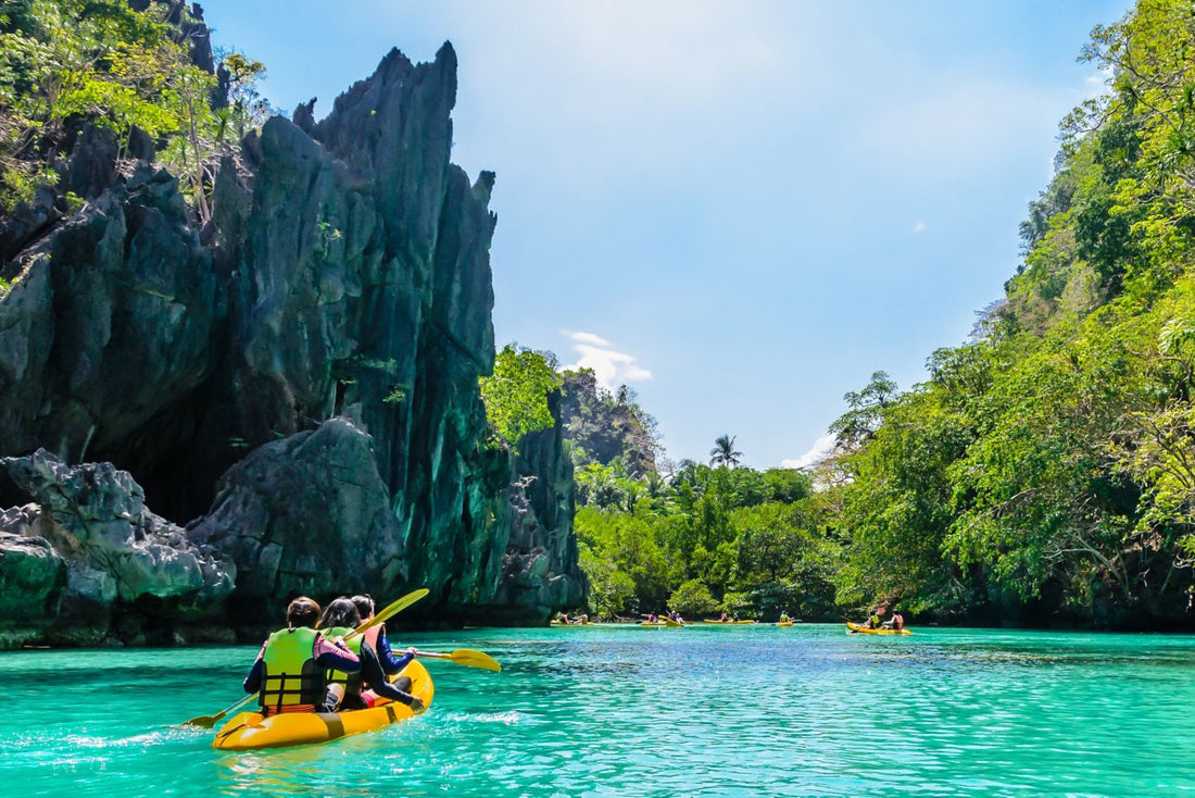 Kayaks in the big lagoon with turquoise clean water