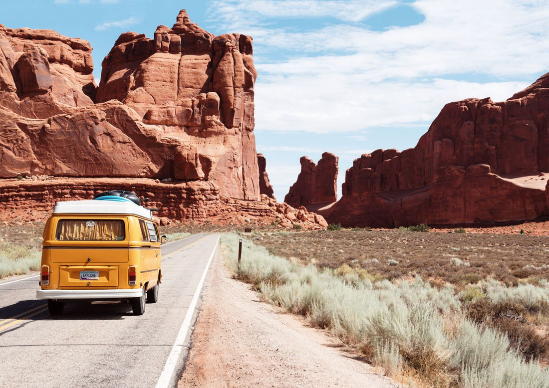 van driving through desert